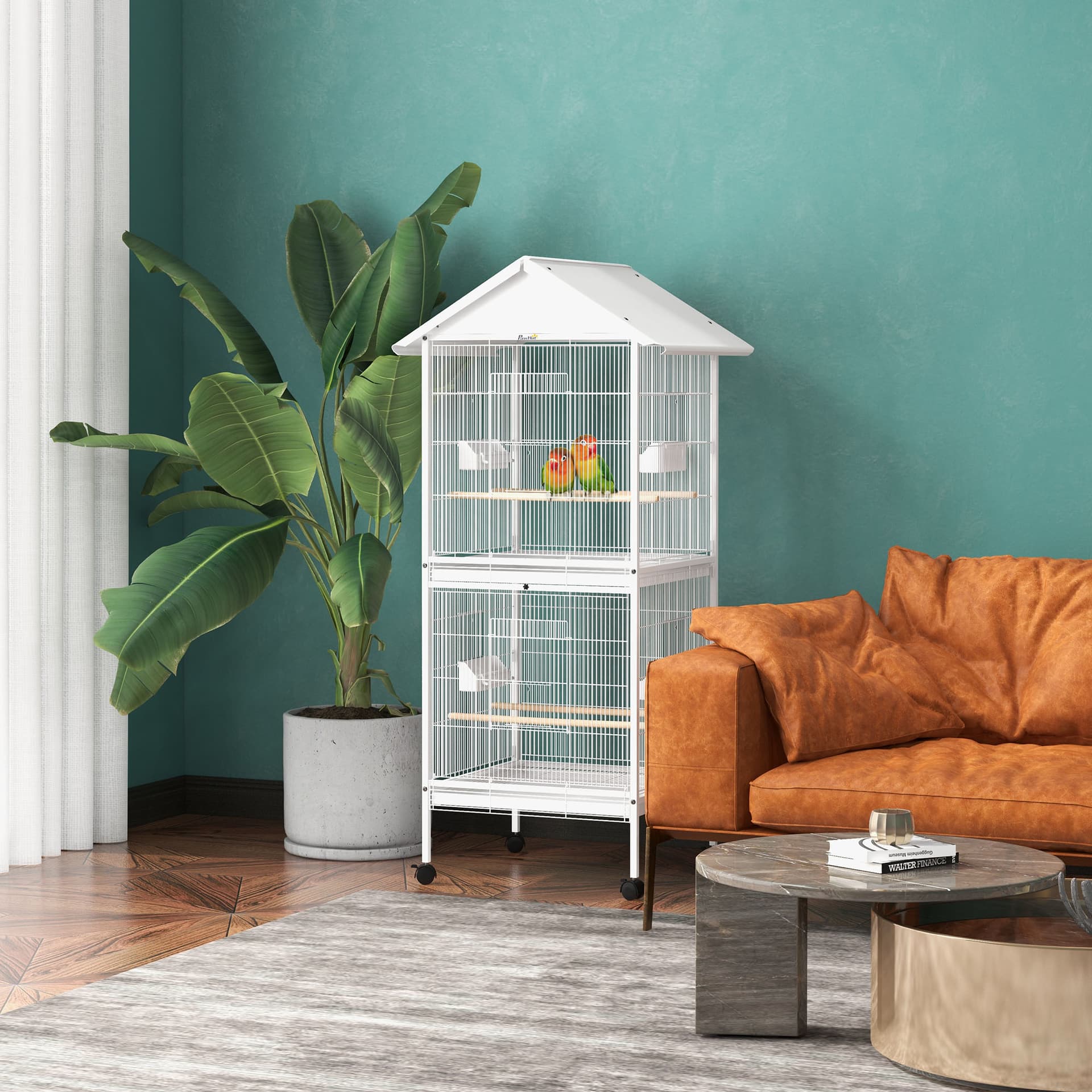 Wrought Metal Rolling Bird Cage with Perches