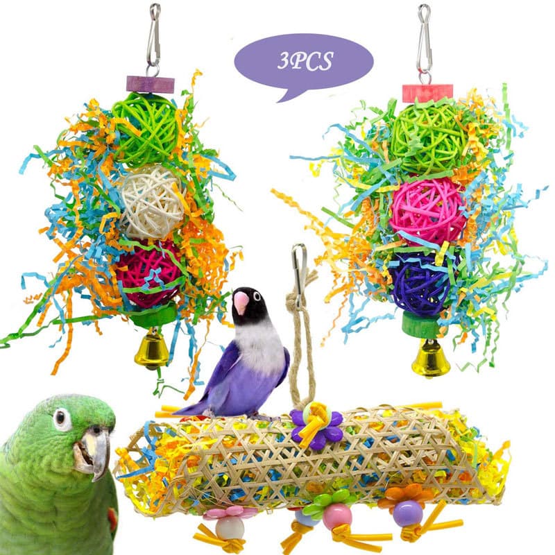 3-Piece Natural Rattan and Wood Parrot Chew Toy Set